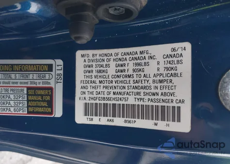 2014 Honda Civic Lx from USA, damaged, VIN 2HGFG3B56EH524757